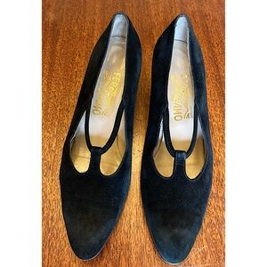 Salvatore Ferragamo T-Strap Black Suede Heels